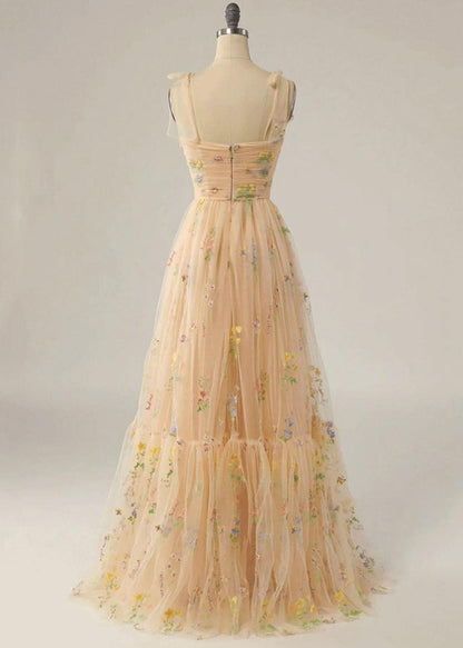 Champagne Color Wrinkled Lace Up Patchwork Tulle Dress Summer