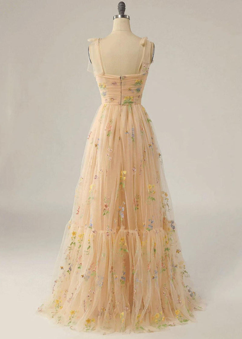 Champagne Color Wrinkled Lace Up Patchwork Tulle Dress Summer