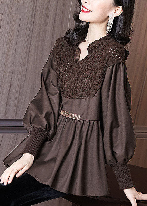 Coffee Patchwork Knit Blouse Tops V Neck Ruffles Long Sleeve
