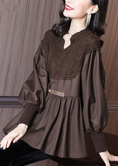 Coffee Patchwork Knit Blouse Tops V Neck Ruffles Long Sleeve