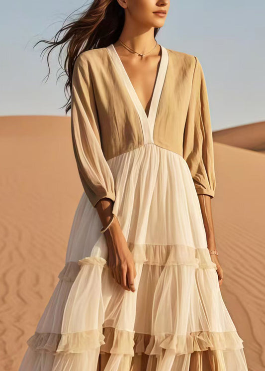 Khaki V Neck Patchwork Tulle Dress Bracelet Sleeve