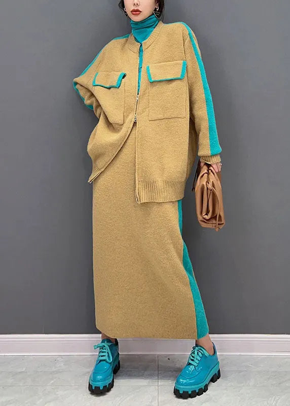 Modern Yellow Zippered Patchwork Thick Knit Cardigan and Skirt Two Pieces Set Winter