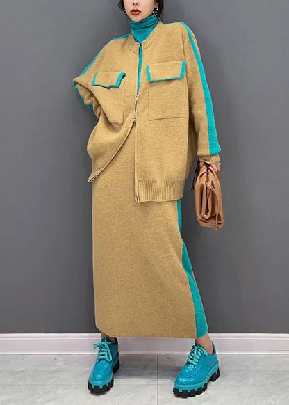 Modern Yellow Zippered Patchwork Thick Knit Cardigan and Skirt Two Pieces Set Winter