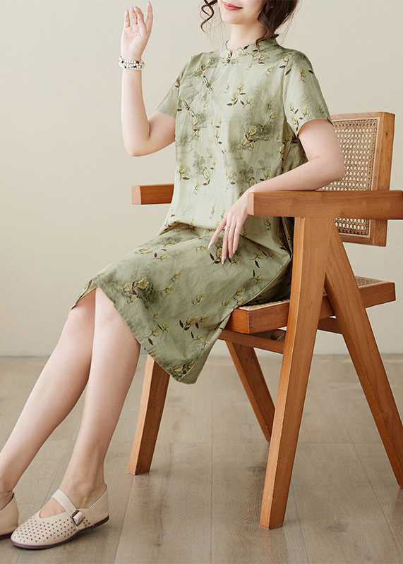 Green Stand Collar Print Button Cotton Dress Summer