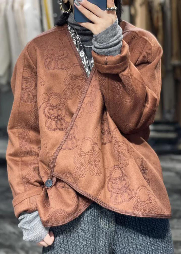 Jacquard Coffee Asymmetrical Button Cotton Coat Fall