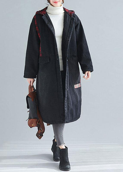 Unique Denim Black Fine Coats Inspiration Hooded Patchwork Outwears