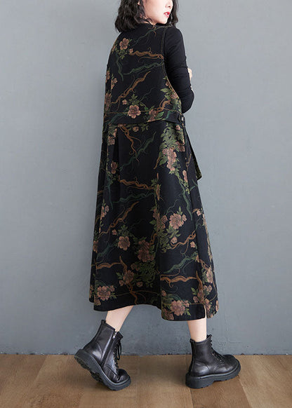 Fitted Black V Neck Button Pockets Print Fall Sleeveless Vest