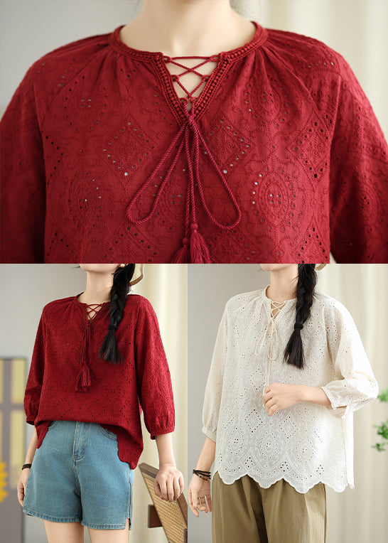 Red Oversized Hollow Out Cotton Shirt Top Summer