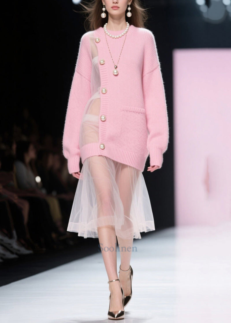 Pink Patchwork Tulle Pearl Knitted Dress Fall