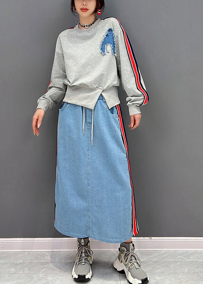 Grey O-neck Patchwork Pullover and Skirts Two Piece Suit Set Fall