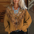 Women's Vintage Tribal Tassels Art Print V-neck Cozy Sweater artswardrobe