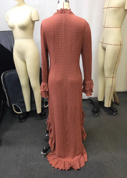 Brick Red Ruffled Low High Design Patchwork Maxi Dresses Spring