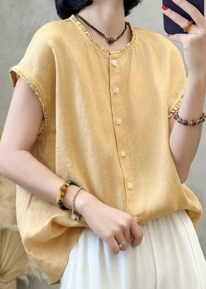 Modern Yellow Ruffled Oversized Linen Tank Tops Summer