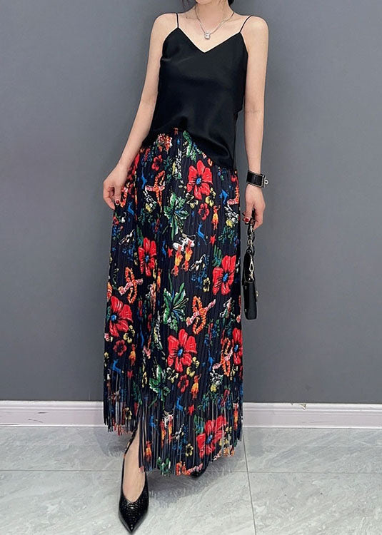 Black Wrinkled Tasseled Print Cotton Skirts Spring