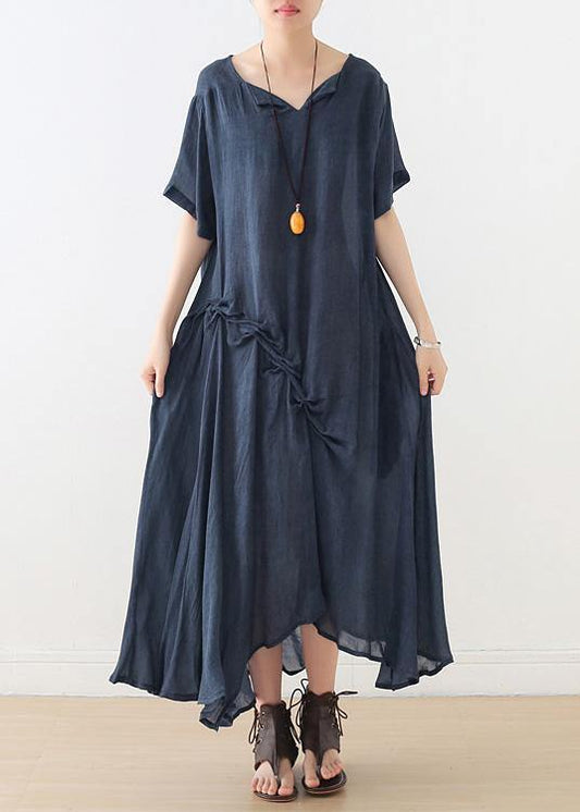 Blue Cinched Cotton Tunics Asymmetric Long Summer Dress