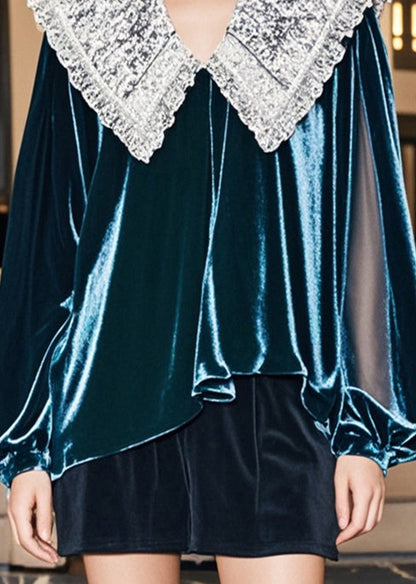 Peacock Green Peter Pan Collar Silk Velour Shirts Fall