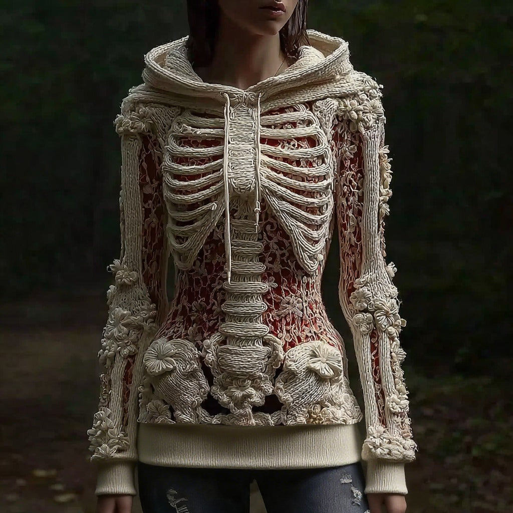 Comstylish Halloween Skull Floral Knitted Warm Hooded Sweater