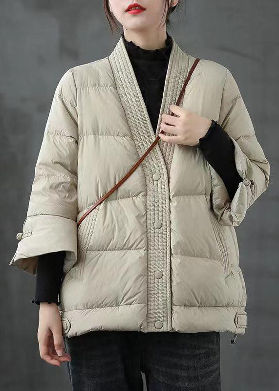 Black V Neck Button Thick Winter Duck Down Jackets
