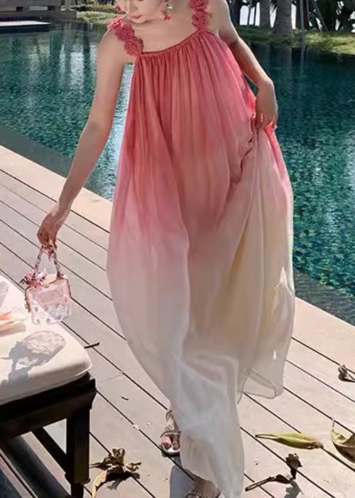 Gradient Color Backless Wrinkled Spaghetti Strap Dress Sleeveless