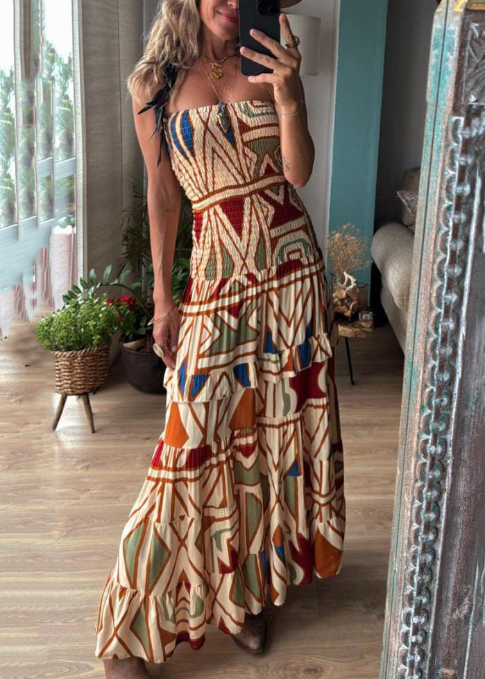 Print Cold Shoulder Patchwork Cotton Long Dress Sleeveless