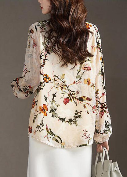 Apricot V Neck Button Print Silk Velour Shirt Spring