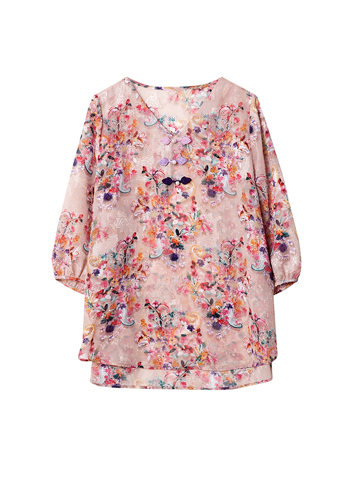 Pink V Neck Print Chiffon Blouse Tops Bracelet Sleeve