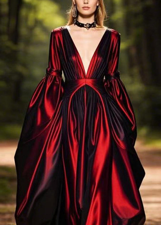 Mulberry Patchwork Silk Long Dresses Lantern Sleeve
