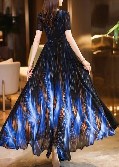 Fitted Black Blue V Neck Print Chiffon Maxi Dresses Summer