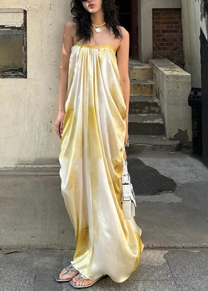 Simple Light Yellow Tie Dye Long Spaghetti Strap Dress Summe