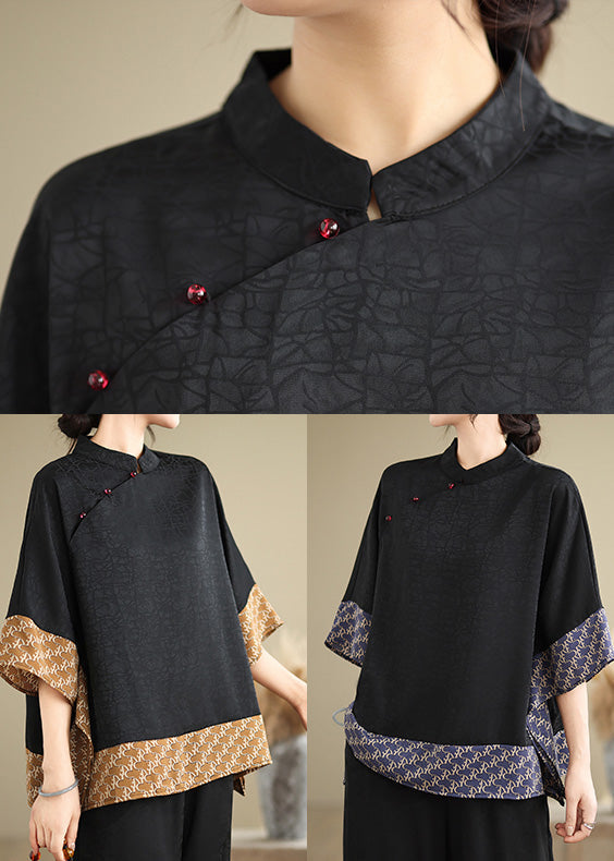 New Retro Blue Print Patchwork Silk Oriental Tops Summer