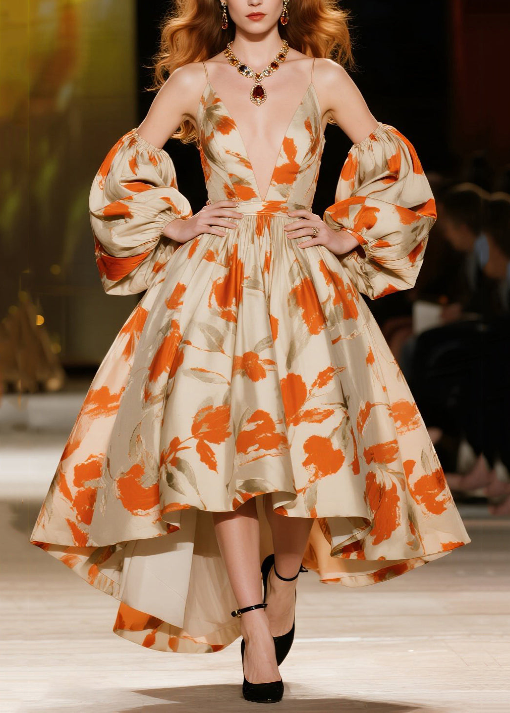 Orange Print Exra Large Hem Vestidos Dresses Lantern Sleeve