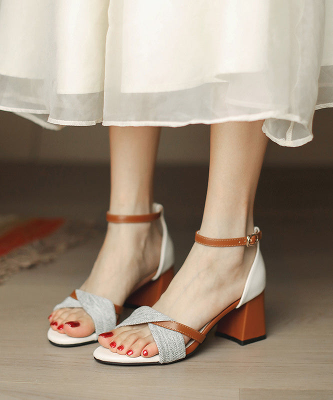 Brown Sandals Chunky Faux Leather Splicing Buckle Strap Peep Toe