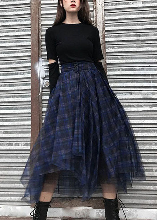 Style Blue Asymmetrical Design Plaid Tulle Skirt Spring