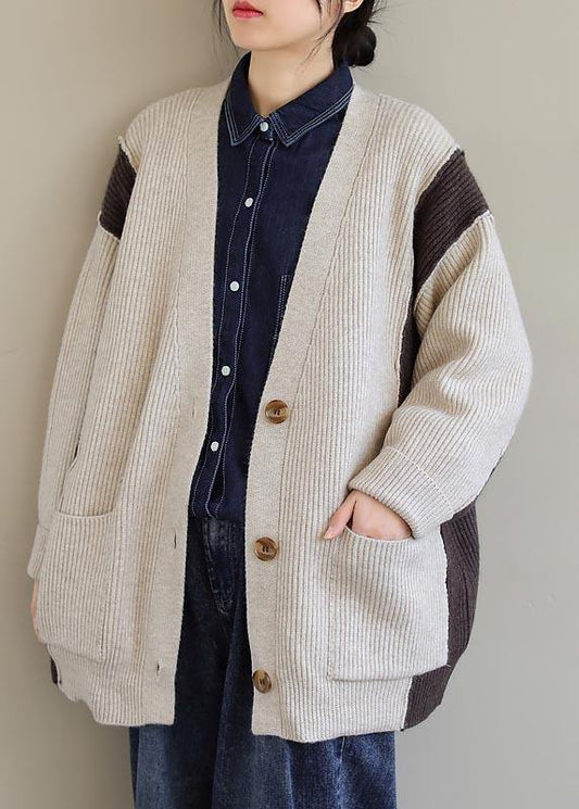 Aesthetic Beige Knit Tops V Neck Button Down Knitted Clothes