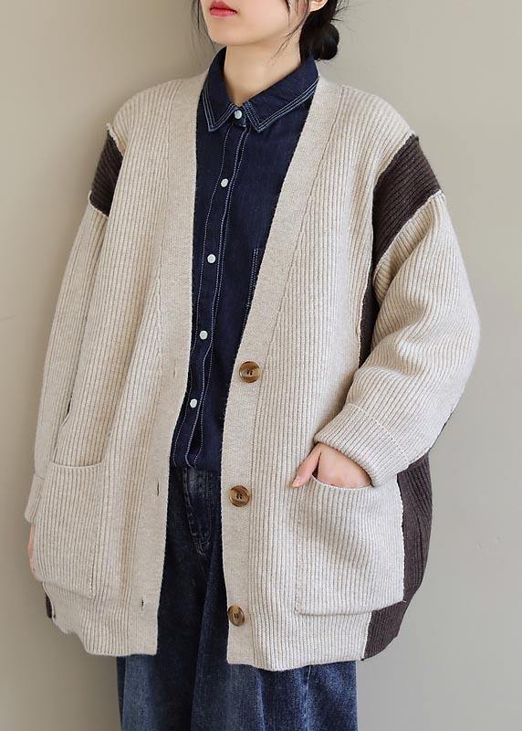 Aesthetic Beige Knit Tops V Neck Button Down Knitted Clothes