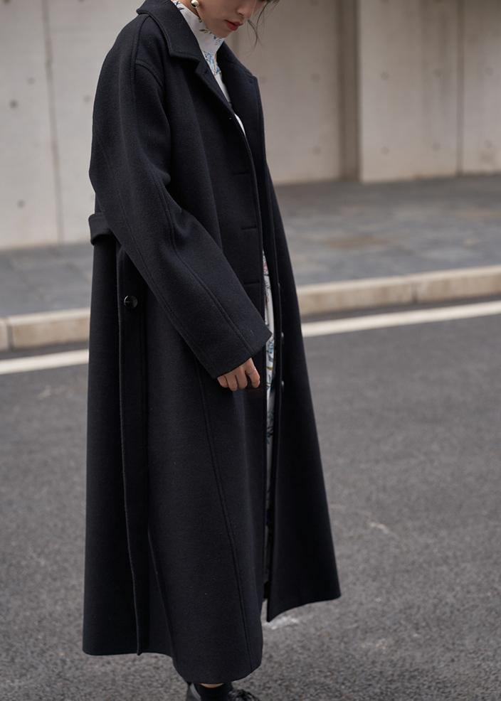 Fine Oversize Long Coats Black Notched Tie Waist Wool Jackets