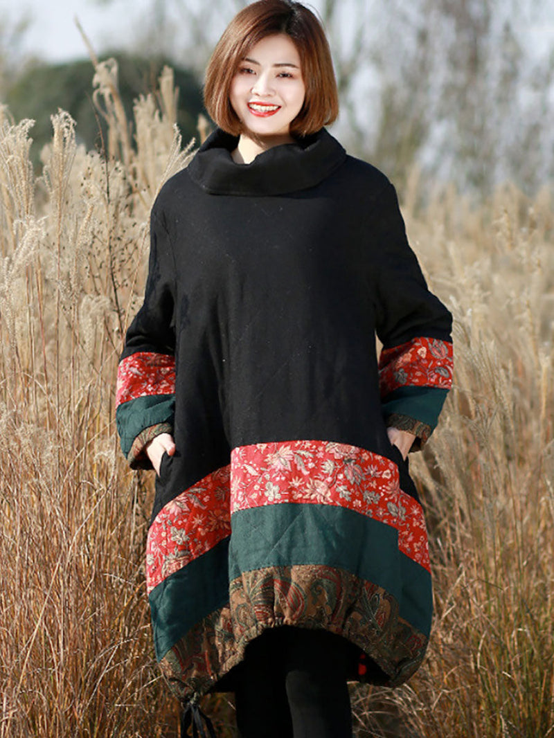 Winter Patchwork Pocket Pullover Loose Coat