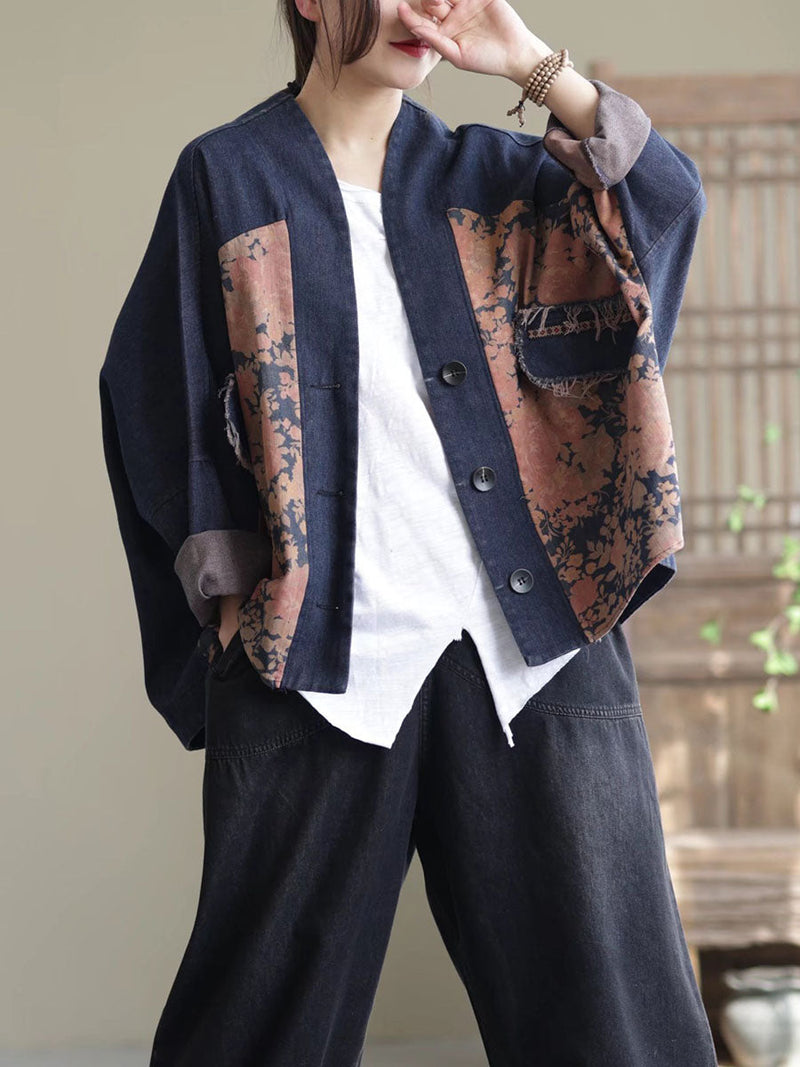 Spring Artsy Spliced Tie-dye Button Denim Coat