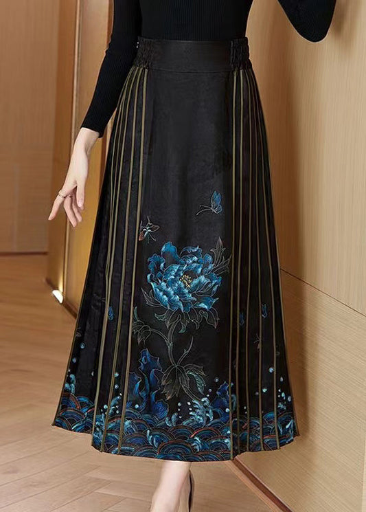 Blue Print Wrinkled High Waist Silk Skirt Spring