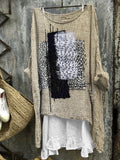 Comstylish Frayed Patch Japanese Sashiko Art Linen Blend Tunic