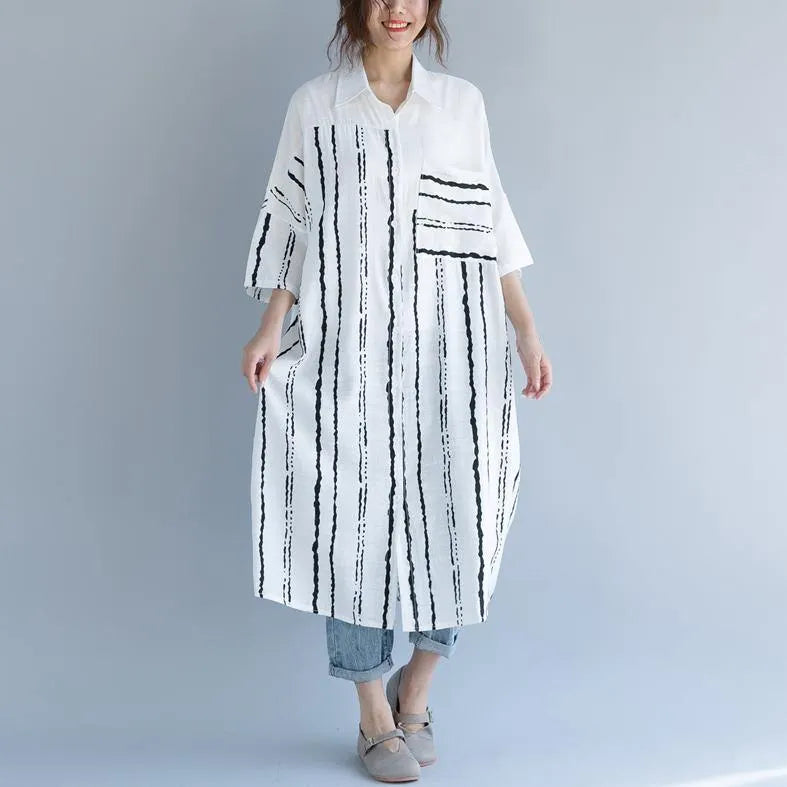 White Cotton Dress Clothing Dresses Bracelet Sleeved Patchwork Turn-down Collar Striped Cotton Dresses