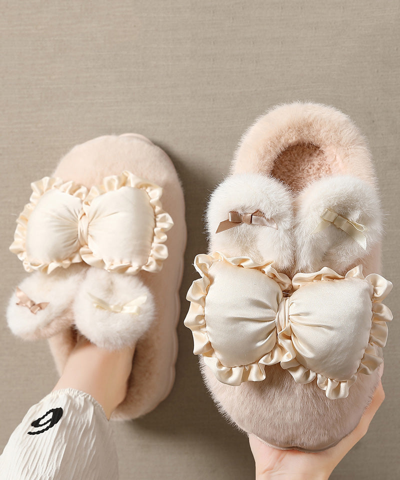 Khaki Slippers Shoes Splicing Bow Fuzzy Wool Lined