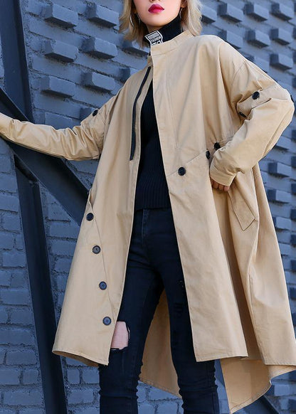 Khaki Coat Medium Length Stand Collar Asymmetric Coat