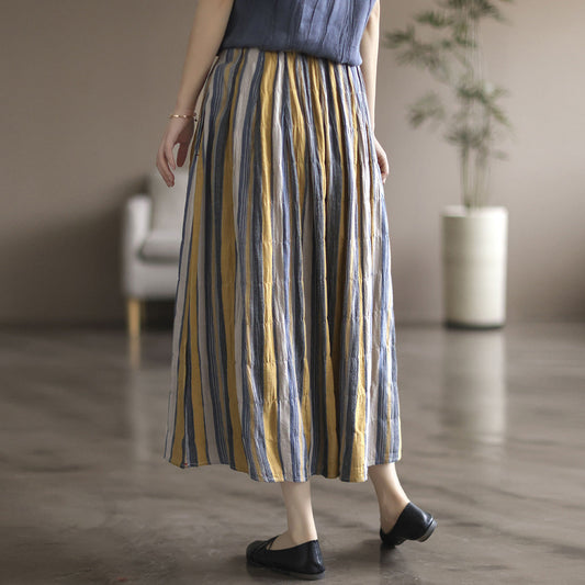 Literary Colorblock Striped A-line Skirt