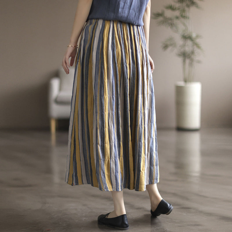 Literary Colorblock Striped A-line Skirt
