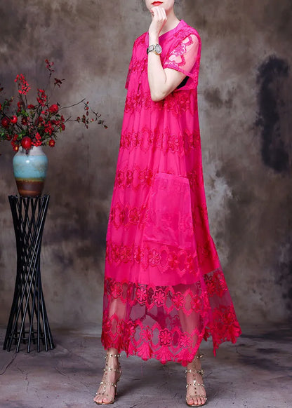 Rose Stand Collar Embroideried Hollow Out Tulle Vacation Long Dress Short Sleeve