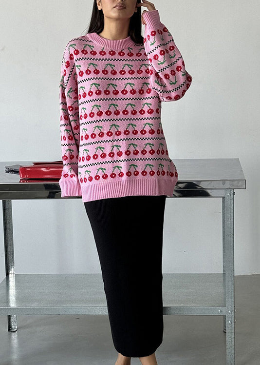 New Pink O Neck Thick Print Knit Short Sweater Fall