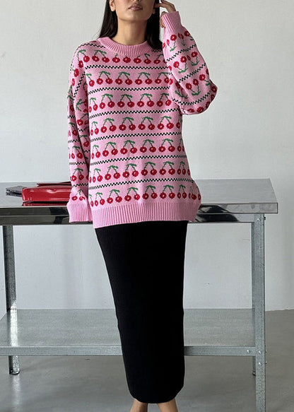 New Pink O Neck Thick Print Knit Short Sweater Fall