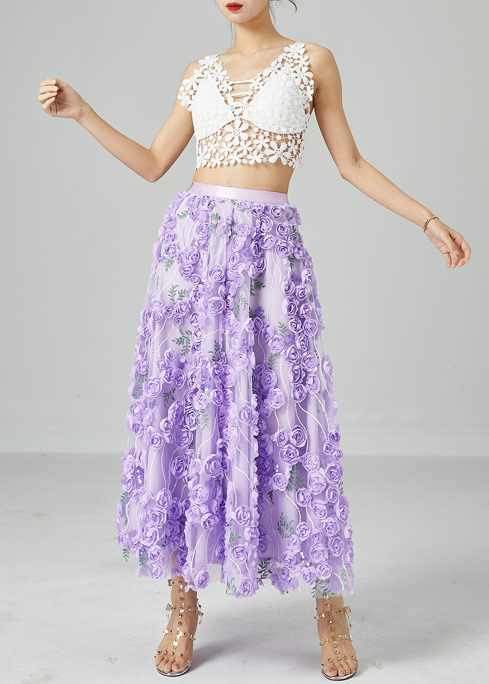 Light Purple Embroideried Tulle Skirts Summer