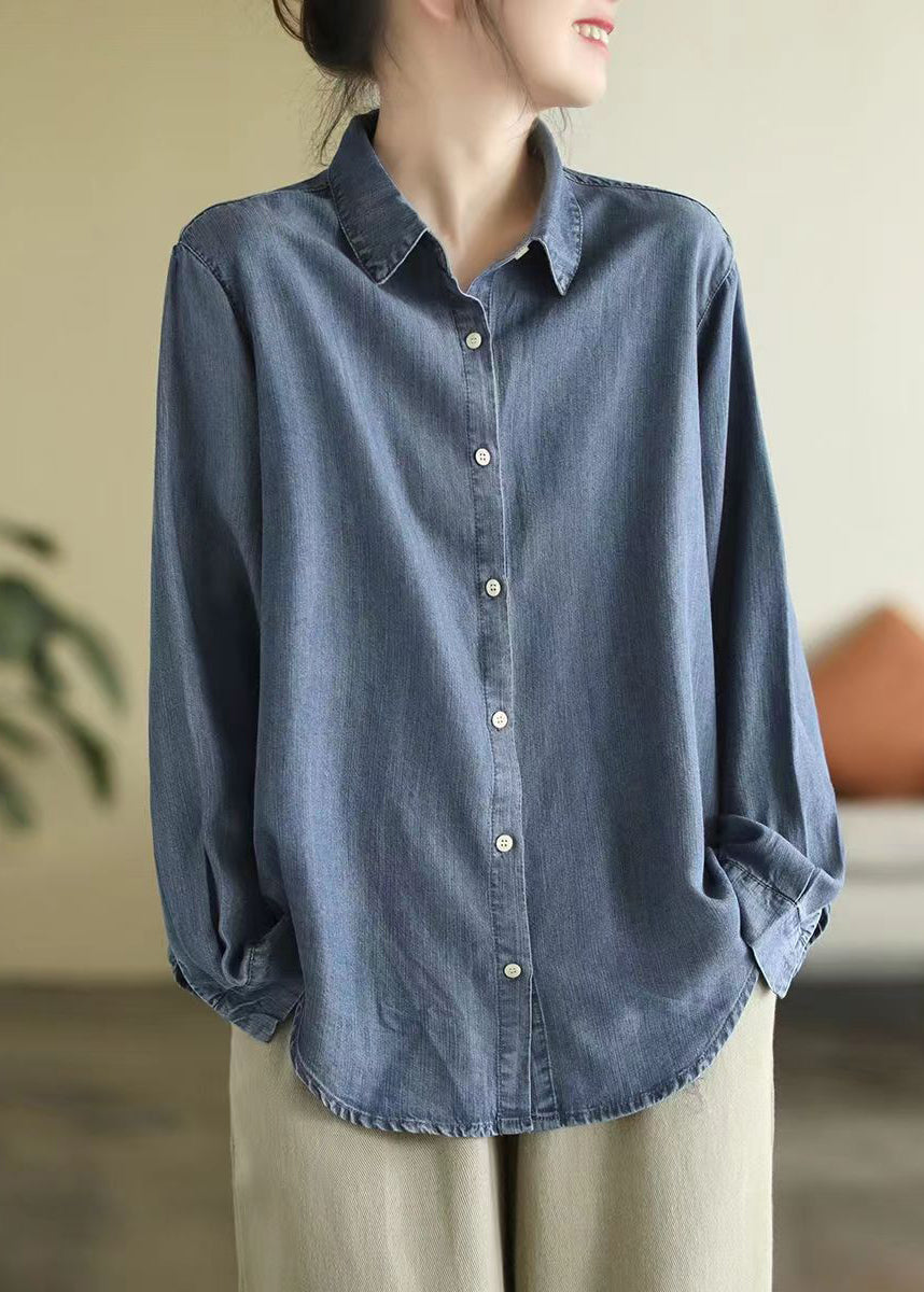 Denim Blue Peter Pan Collar Patchwork Button Shirt Long Sleeve